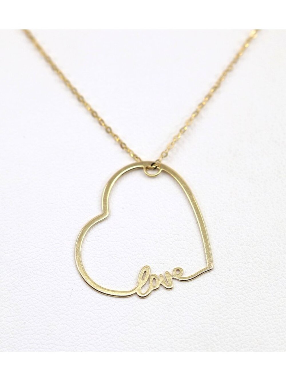 14K Yellow Gold Cursive Love Heart Charm Pendant Cable Link Chain Necklace